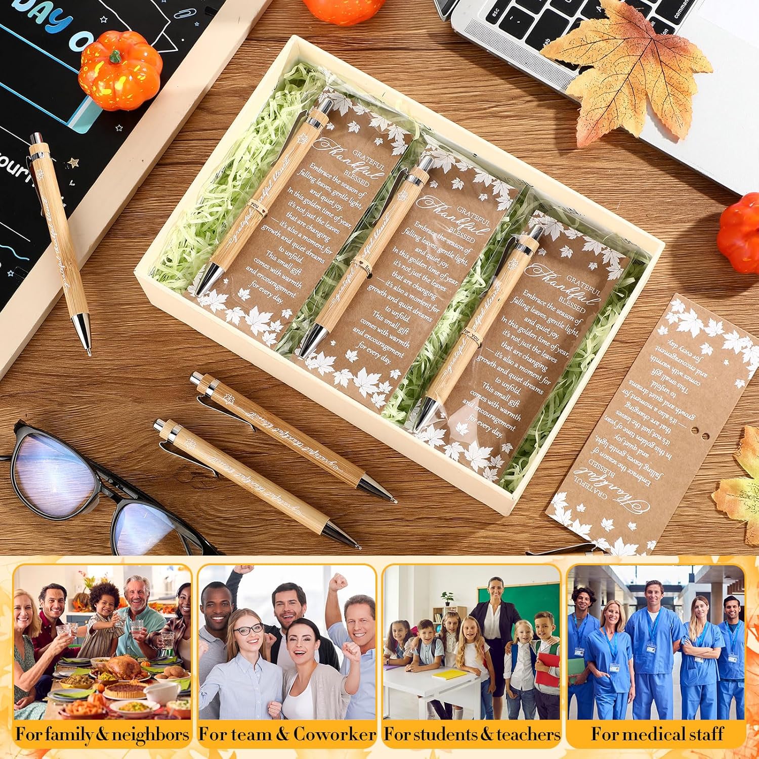 Gueevin 50 Set Inspirational Thanksgiving Gift Pens with Greeting Cards Fall Party Favors for Adults Bulk Thanksgiving Appreciation Gift Leaf Cards for Coworkers Employee Teacher Supplies