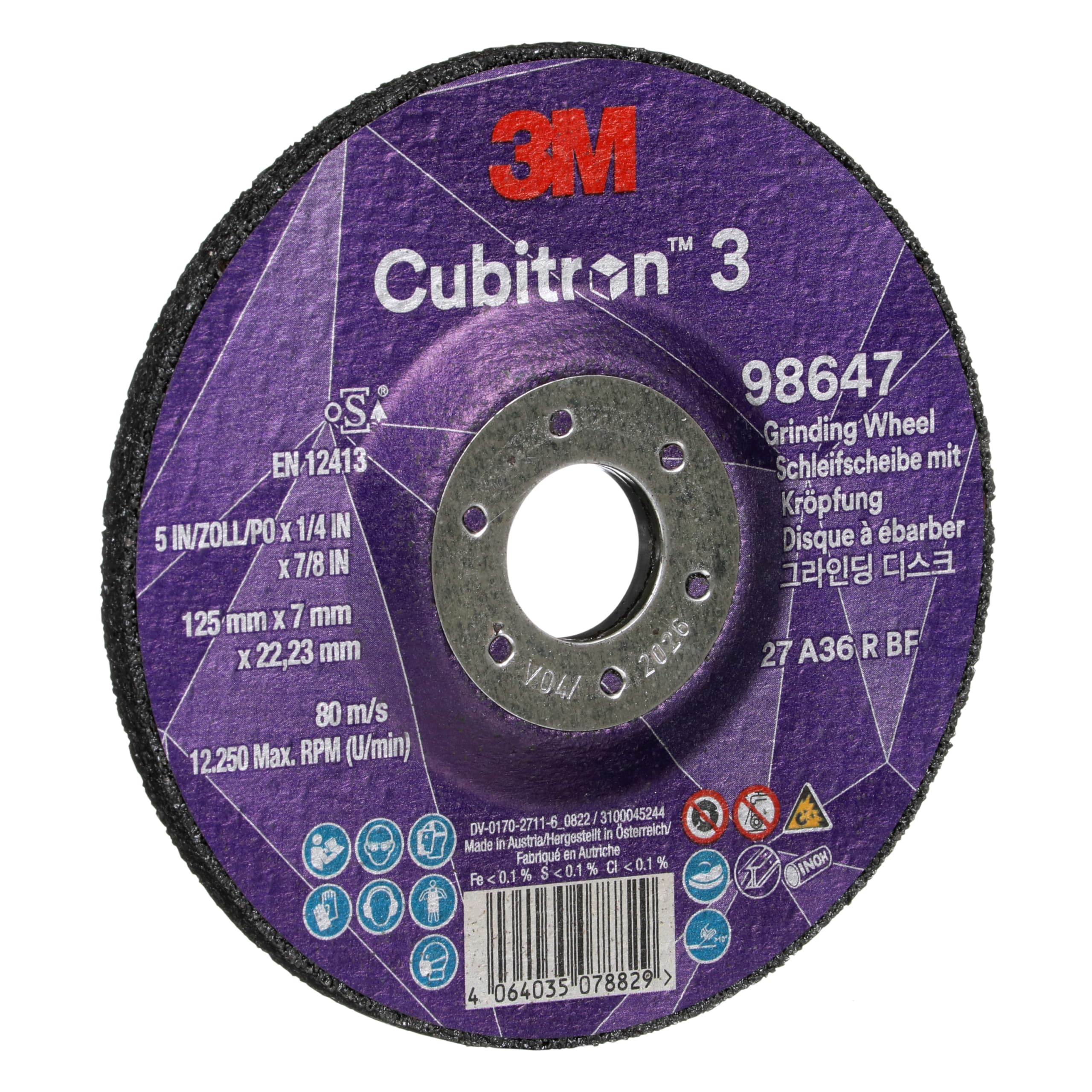 Disco da Sbavo a Centro Depresso 3M Cubitron 3, 98647, 36+, T27, 125 mm X 7 mm X 22.23 Mm, En, 10/Pack