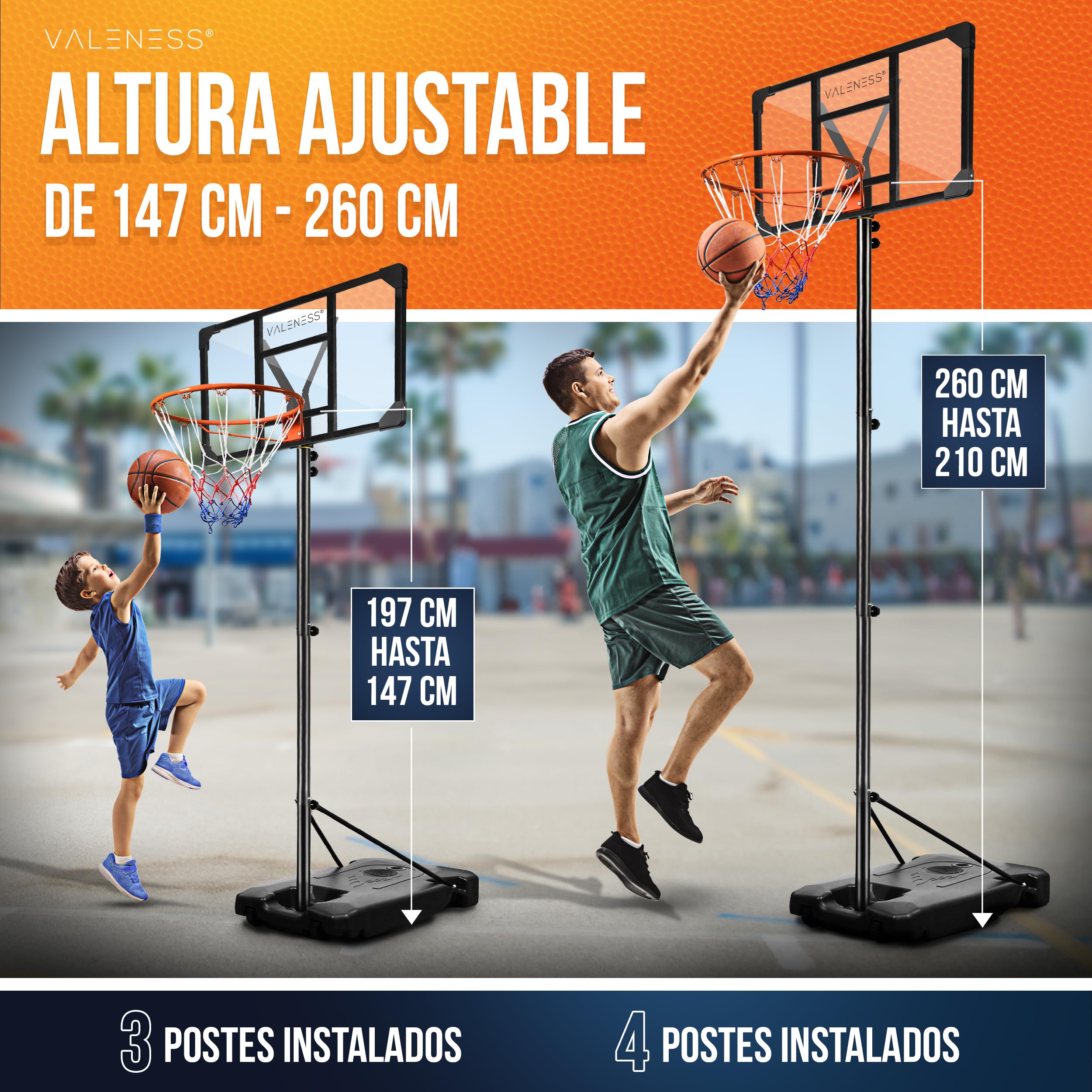 VALENESS® Aro de Baloncesto para Exterior – Soporte Ajustable en Altura [135 a 305 cm] y Resistente a la Intemperie – Aro Profesional con balón y Bomba para niños y Adultos