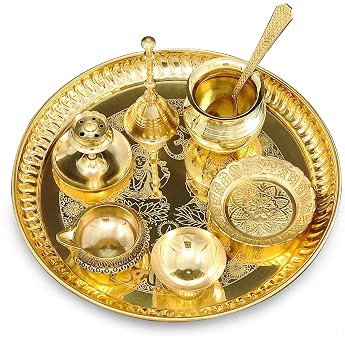BENGALEN Brass Puja Thali Set 8 Inch with Pital Plate Dhup Dan Kalash Spoon Ghanti Bowl Kuber Diya Kangura Plate Pooja Thali for Diwali Home Mandir Office Wedding Return Gift Item