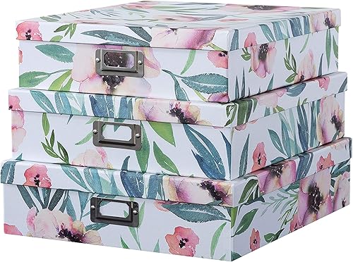 Soul & Lane Cajas de almacenamiento decorativas de cartón con tapas para decoración del hogar, juego de 3 cajas de fotos florales y cartas,