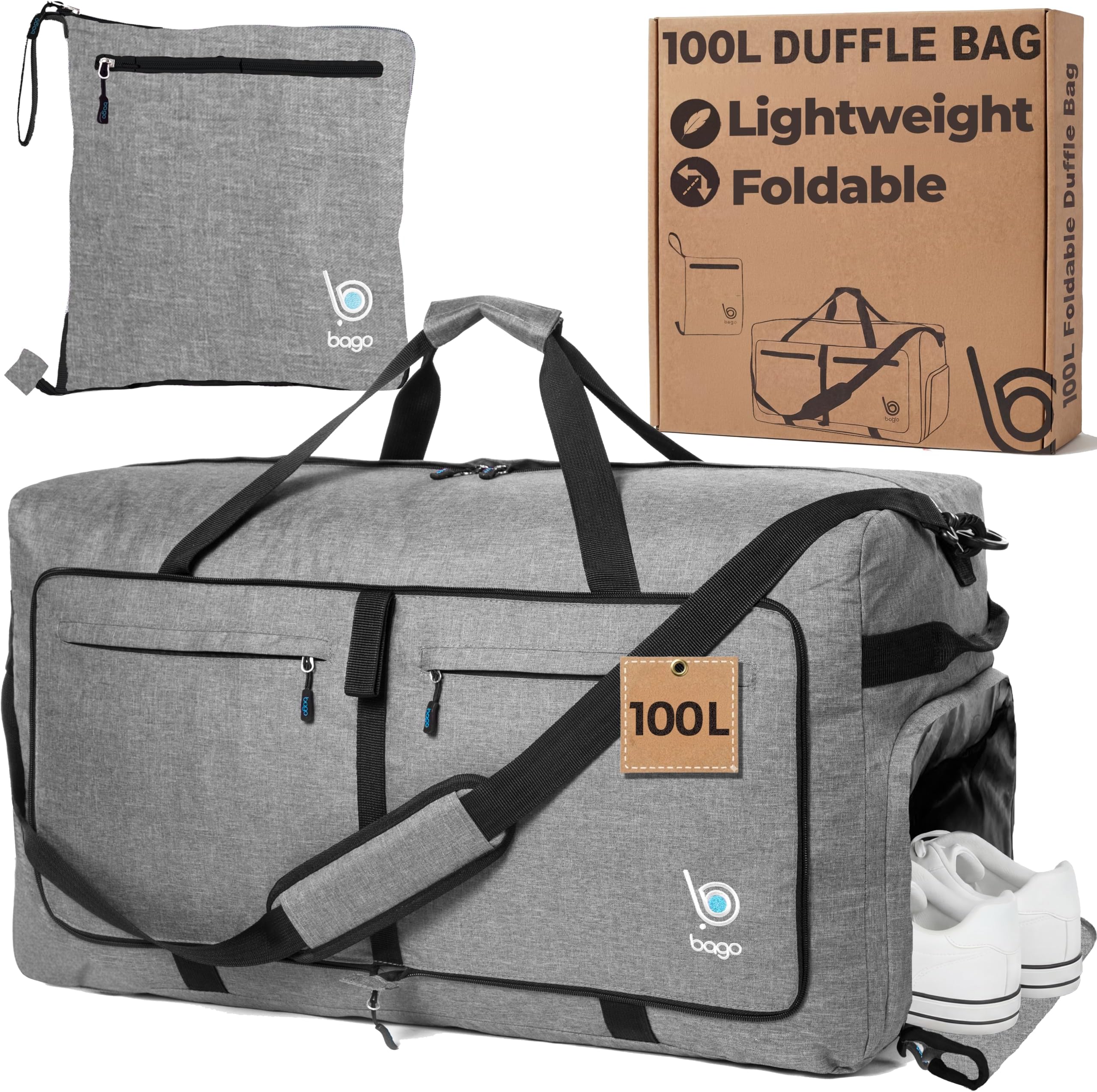 Bago Large Duffle Bag for Travel Women & Men. Durable Lightweight Foldable Travel Duffel Bags For Traveling Women. 100L Duffle Bags for Overnight Bag With Shoe Compartment Collapsible Weekender duffel