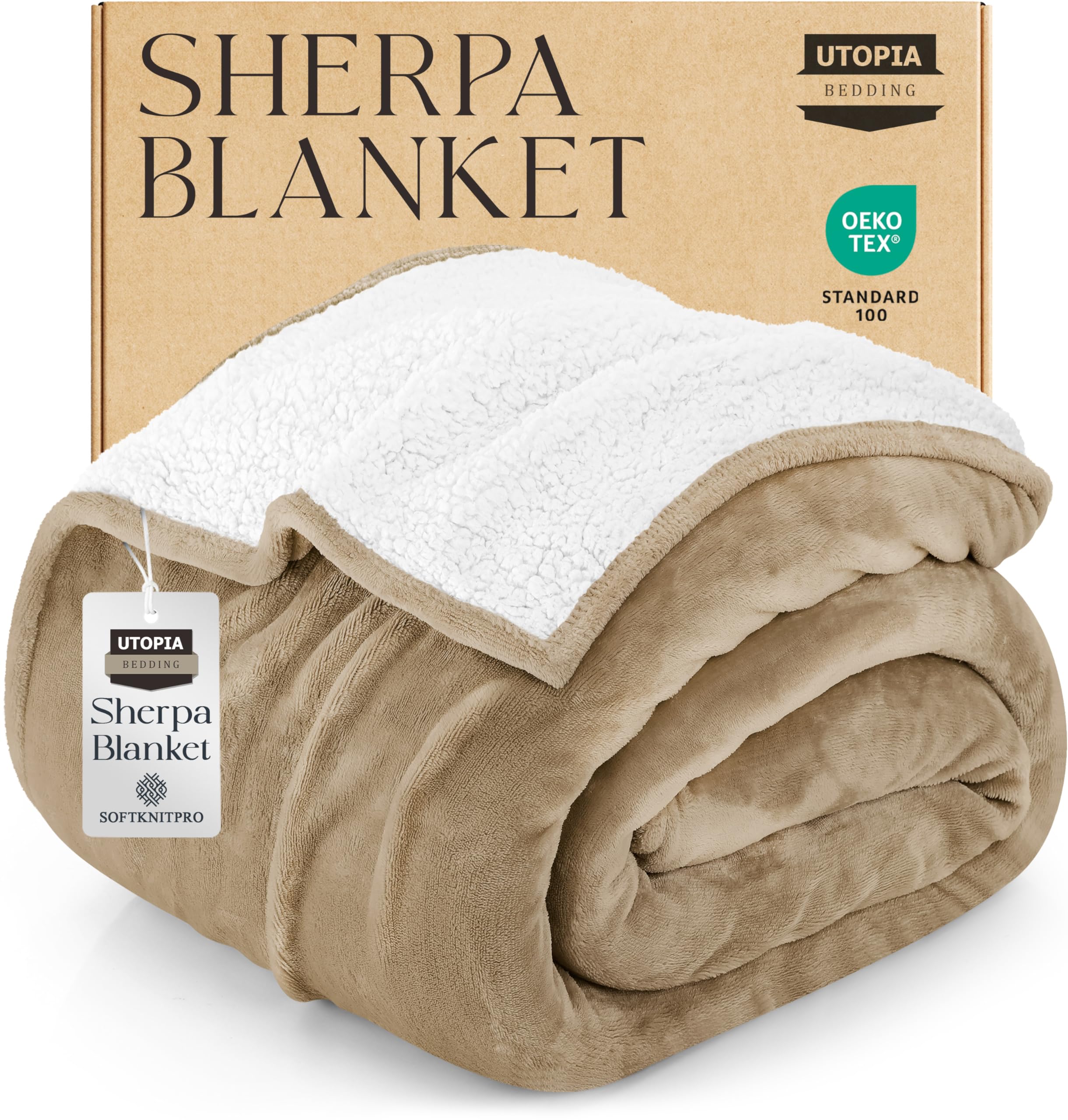 Utopia Bedding Sherpa Blanket Full Size (Camel, 90x84 Inches) - Soft Lightweight Plush Fleece Reversible Blanket for Bed, Sofa, Couch, Camping and Travel
