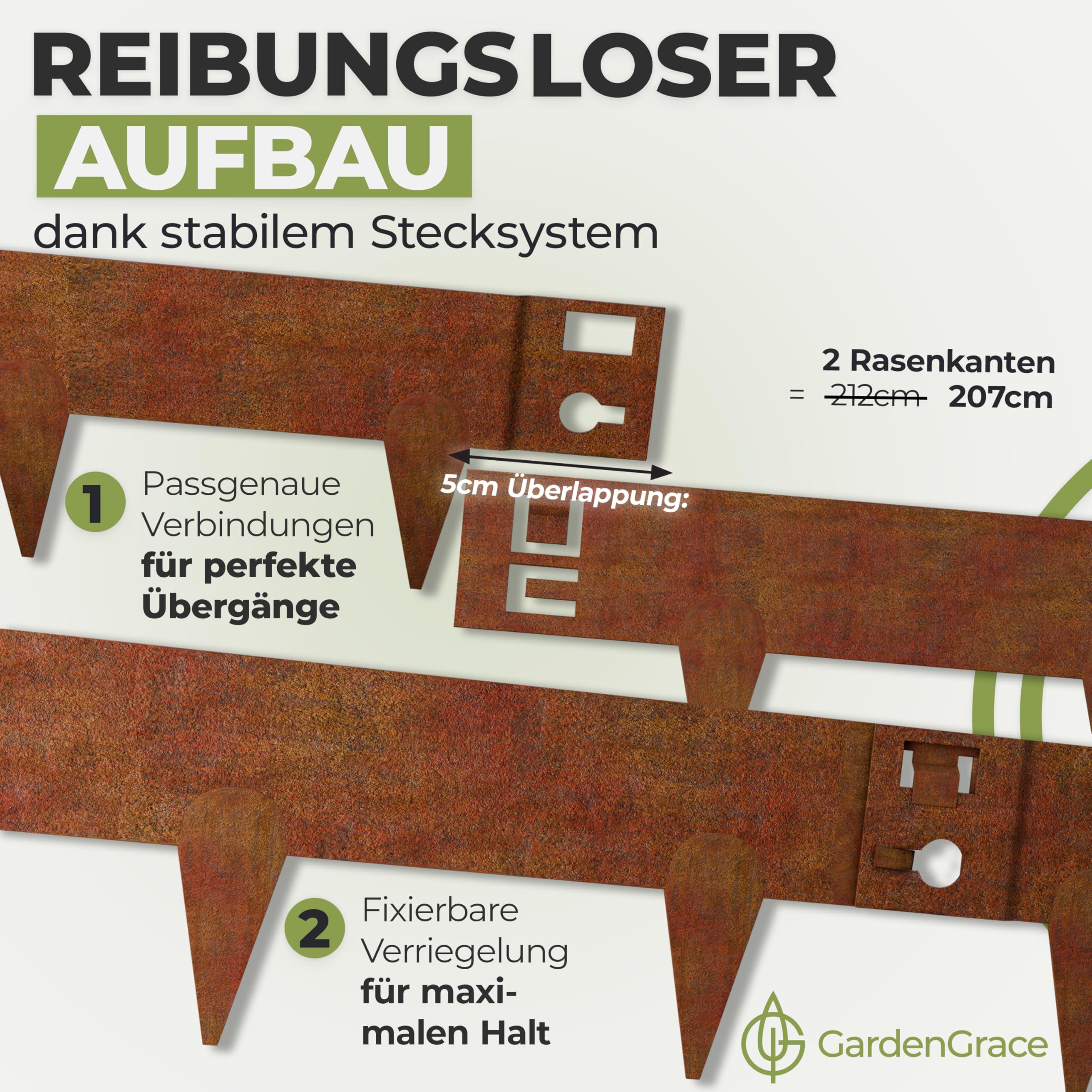 GardenGrace Cortenstahl Rasenkante 5 x 1m (1,5mm dick, 16cm hoch) - Premium Beeteinfassung Metall - Flexible Beetumrandung aus Edelrost Stahl für den Garten, Rasenbegrenzung