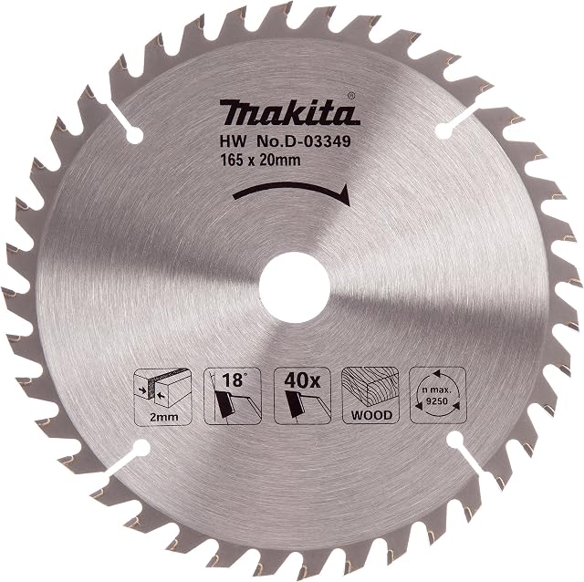 Makita D-03349 Circular Saw Blade for Wood 165 x 20 x 40 Teeth, 0 V, Silver/Black