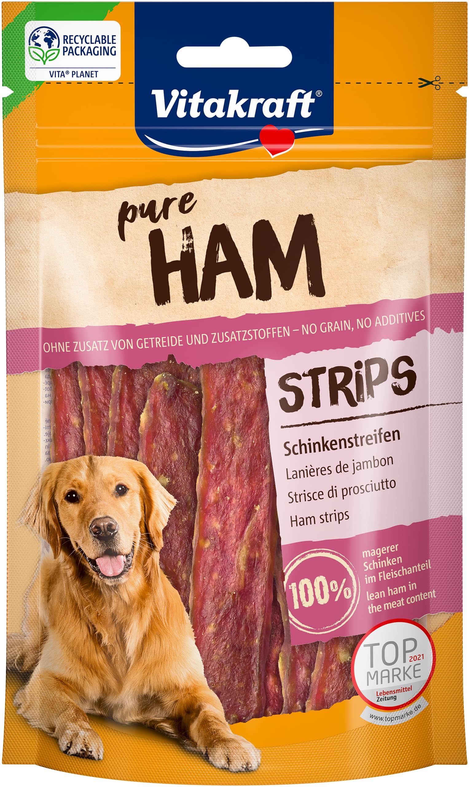 Vitakraft Pure Ham Strips, Hundeleckerli, Schinkenstreifen mit Schweinefleisch, Hunde Trainingsleckerli, ohne Zusatz von Zucker (1x 80g)