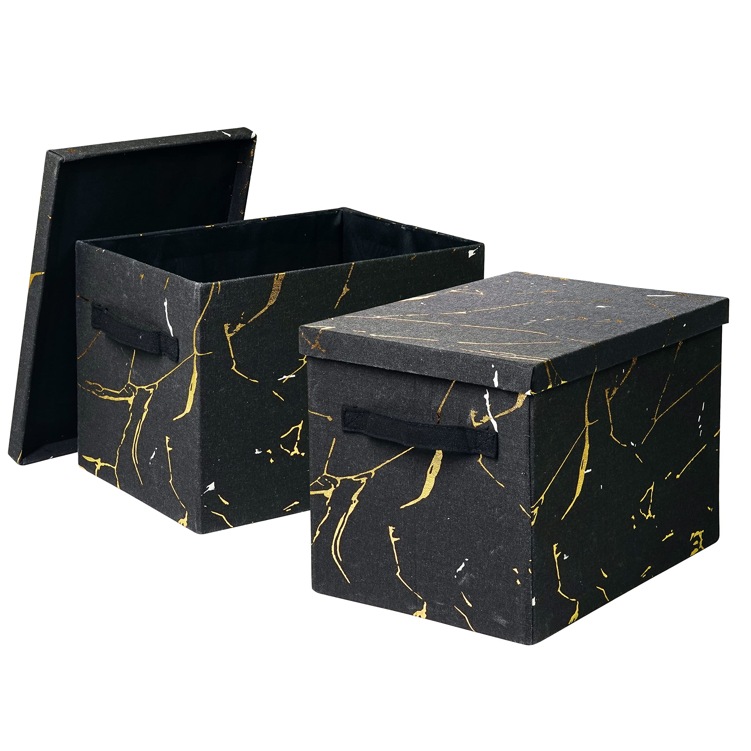 Photo 1 of 27L Decorative Storage Bins with Lids Foldable Closet Shelf Organizer Linen Fabric Boxes with Cover Handles Collapsible Baskets Cloth Containers for Home Office 15x10.6x10.6 inch 2 Pack Black Lid 2P Black Large-15"x11"x11" with lid