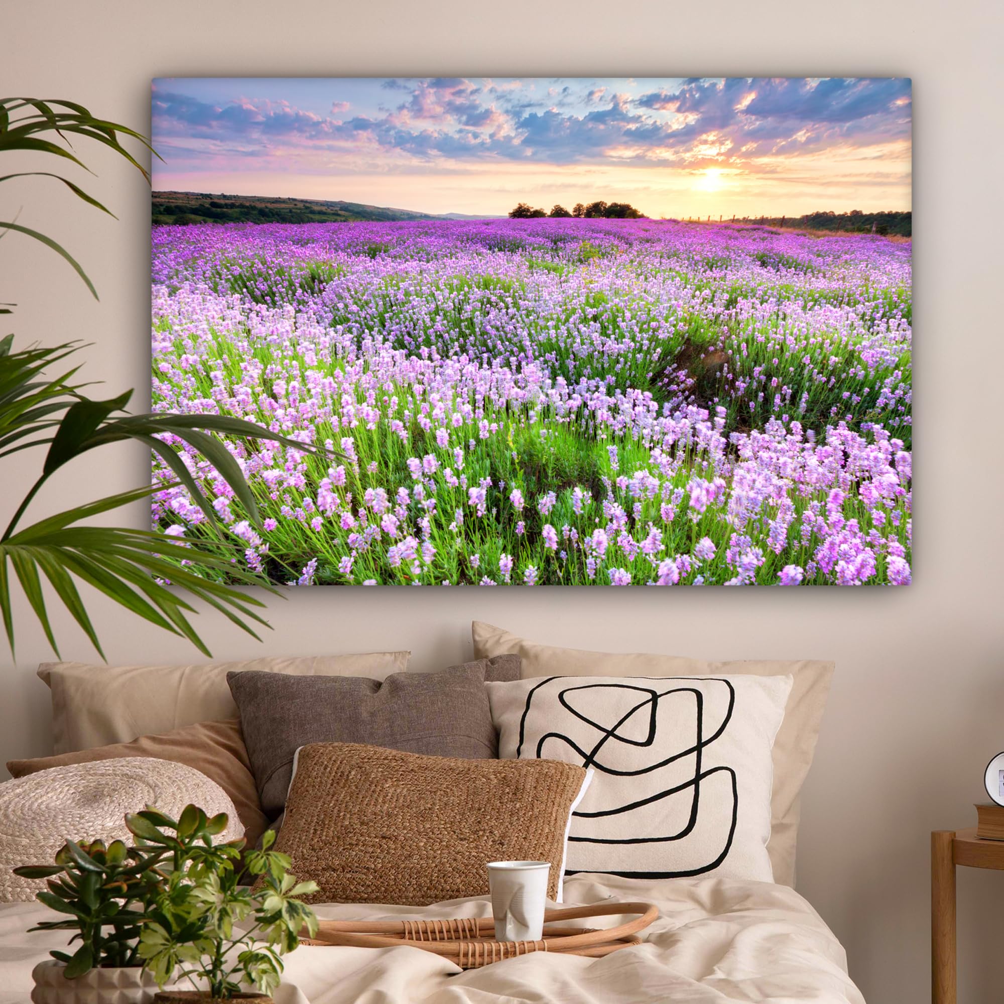 MuchoWow© Quadro su Tela 120x80 cm Stampe da Parete Quadri Cucina Camera da Letto Dipinto Arredamento Casa Fiori - Lavanda - Viola - Cielo - Tramonto - Prato - Natura