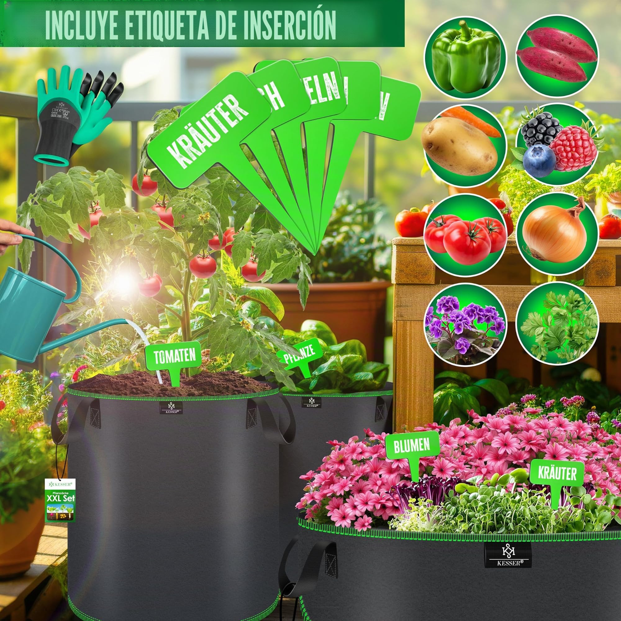 KESSER® Bolsa de Plantación 190 litros - 4er Set | Bolsas de Plantación de Tela no Tejida Incl. Etiqueta y Guantes de Jardín | Bolsa de Plantación de Patatas con Ventana y Asas - Negro