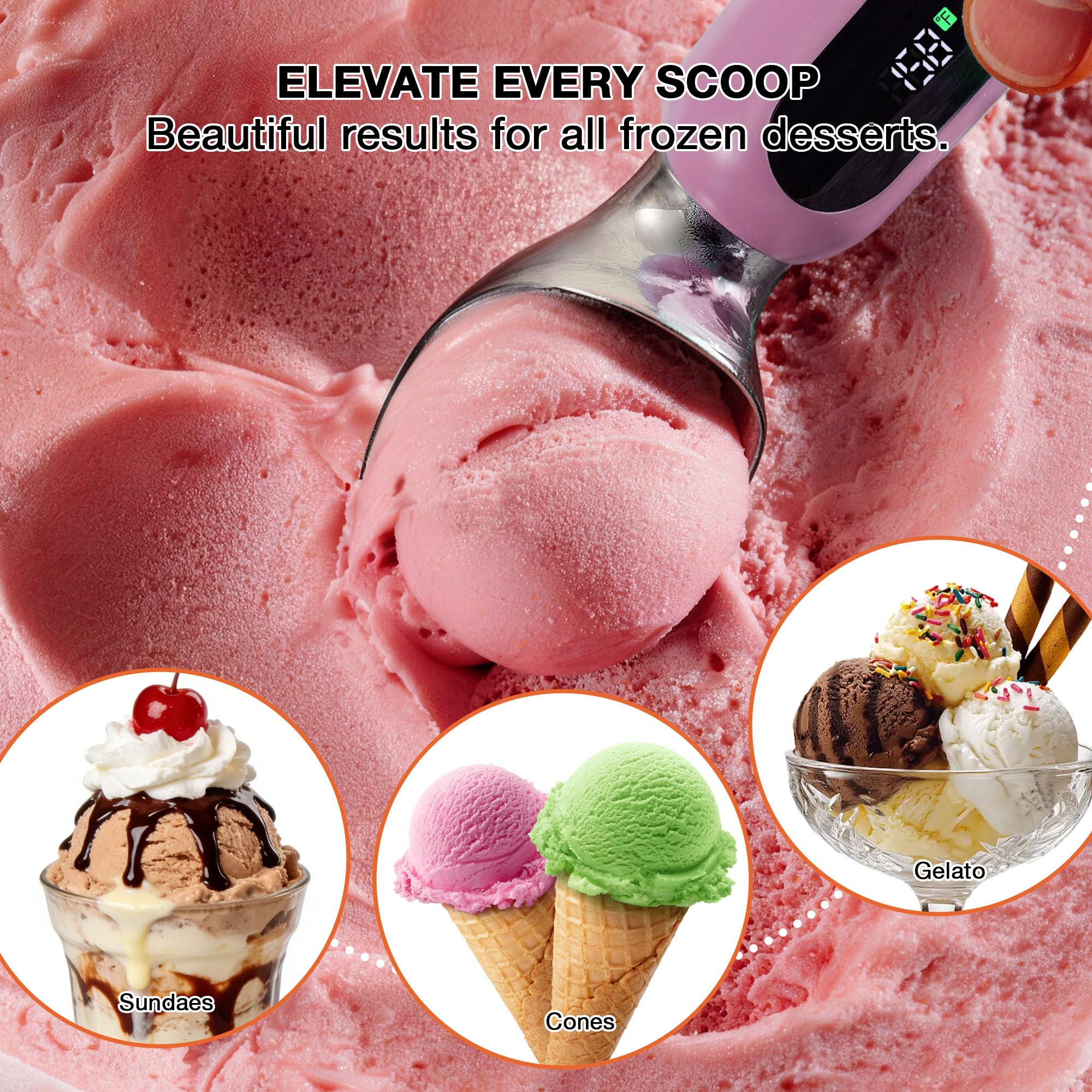 Paletta per gelato riscaldata, ricaricabile, elettrica, con display a LED, interruttore on/off, impermeabile IP67, riscalda fino a 70 °C, per gelato duro (rosa)