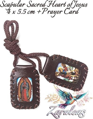 Miniatura 2 de Zaraleas Escapulario del Sagrado Corazón de Jesús, Virgen del Carmen y Guadalupe, San Miguel. Acabado en piel. 1.6 in x 2.2 in