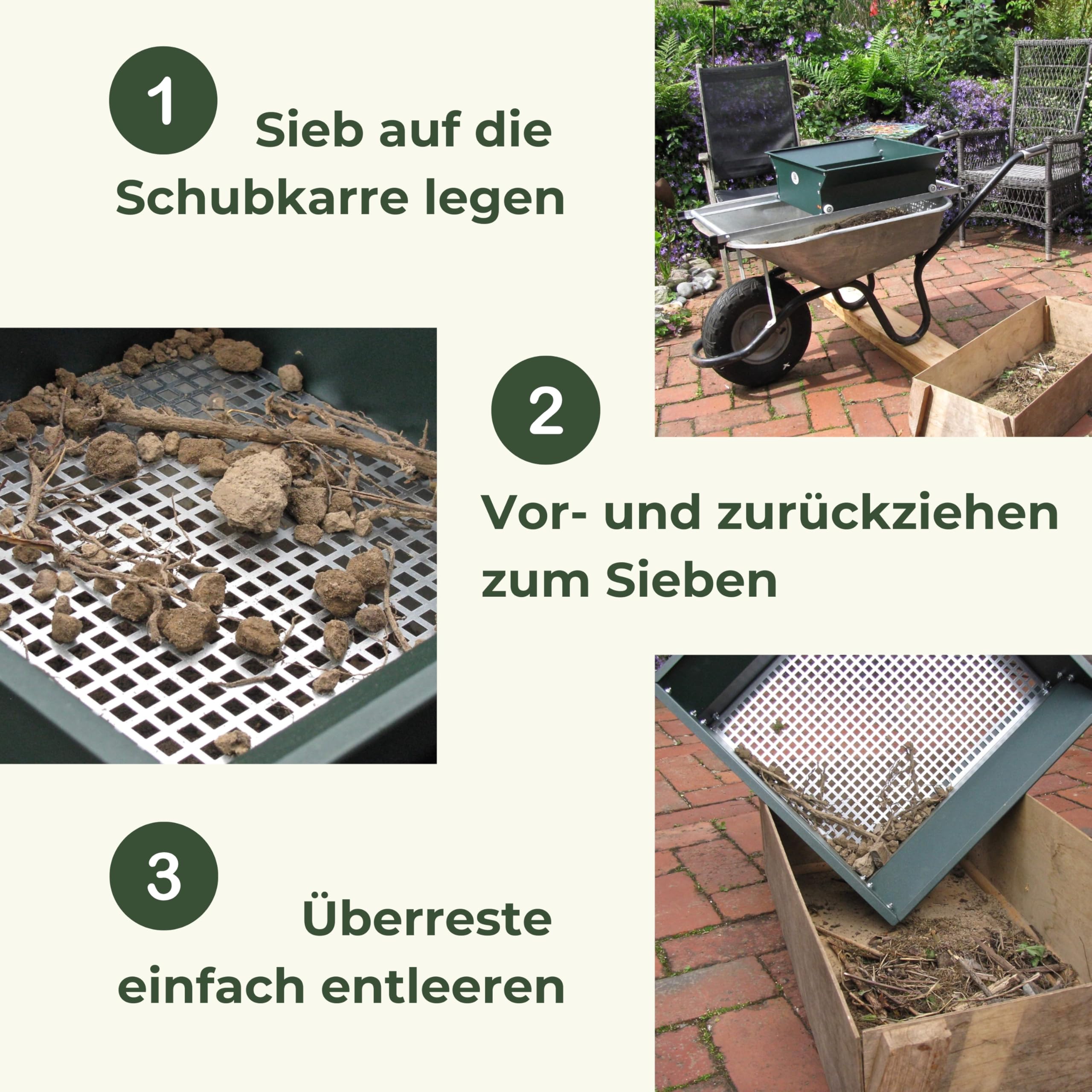 II Kompostsieb Gartensieb passt auf Jede Schubkarre – Mühelose Trennung von Erde, Kies & Sand – Robustes, rostgeschütztes Erdsieb – Allwettertauglich & langlebig für Gartenprofis