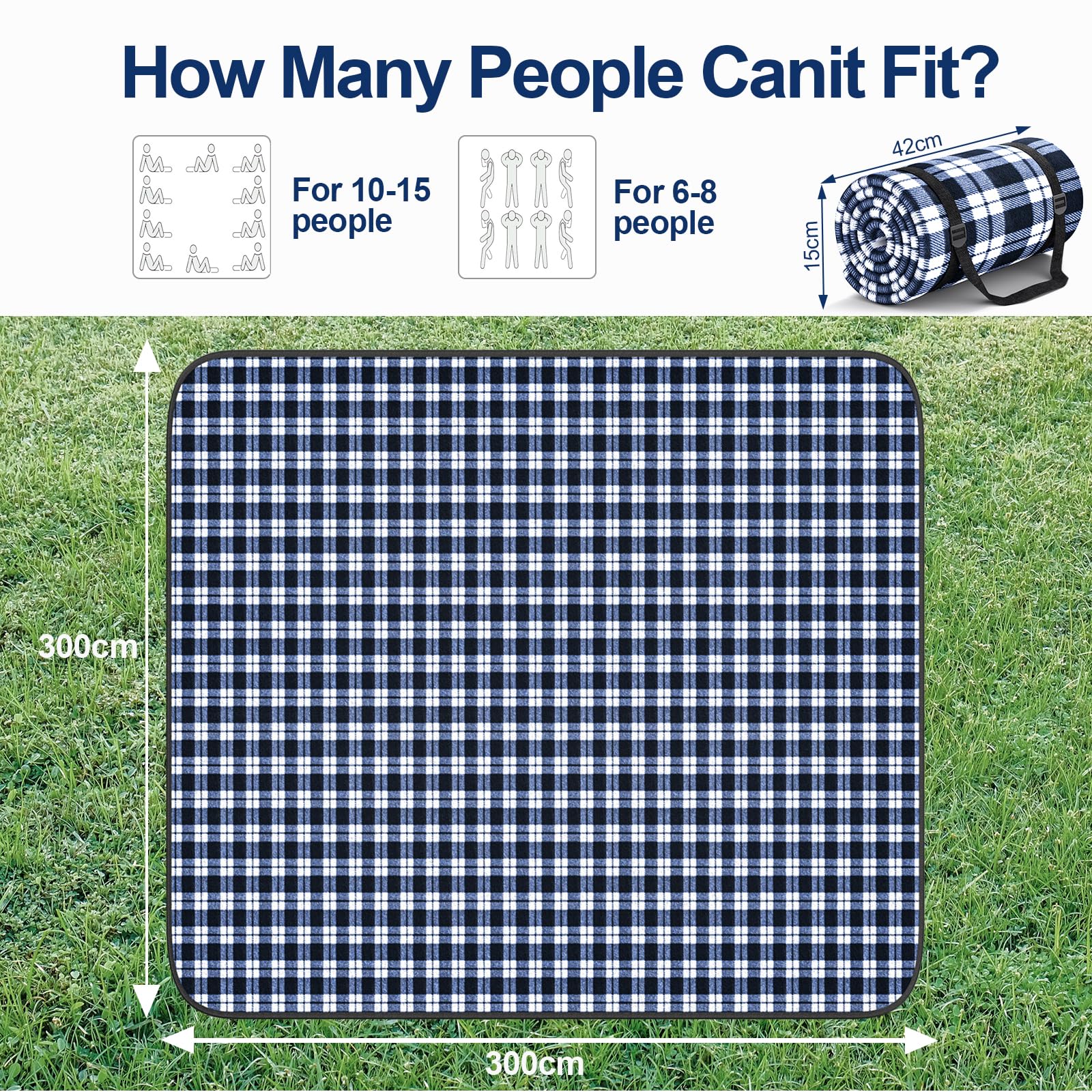 HUTHIM Coperta da Picnic 300 x 300 cm, Impermeabile, Senza Sabbia per Esterni, Lavabile XXL Pieghevole con Tracolla Ideale per Parco Spiaggia (Griglia Blu e Bianco)