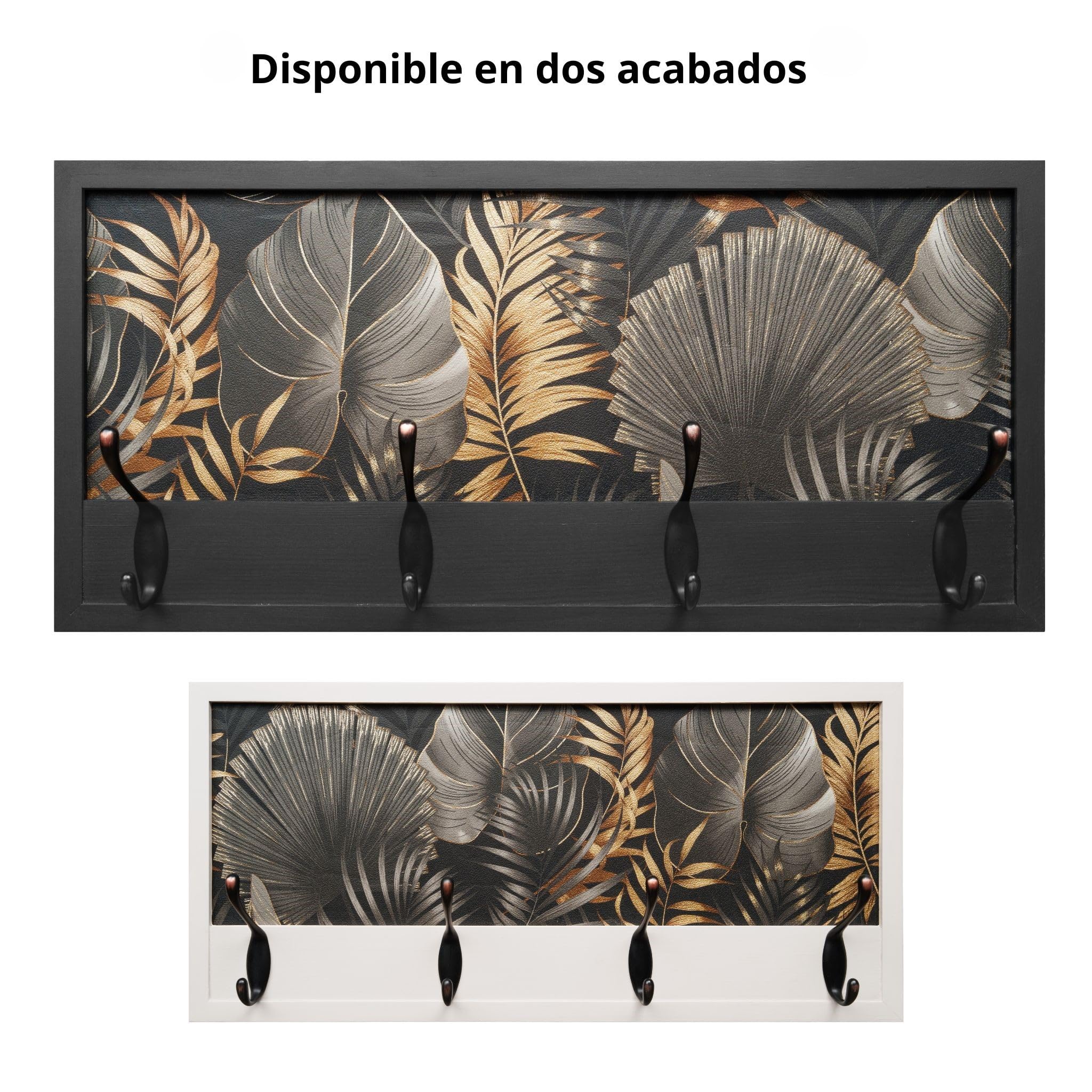 Perchero Pared Madera 52x25cm Jungle Glam Negro 4 Ganchos | Hecho en España. 4 ganchos dobles (8 colgadores) para ropa y abrigos. Ideal para entrada, salón u oficina.