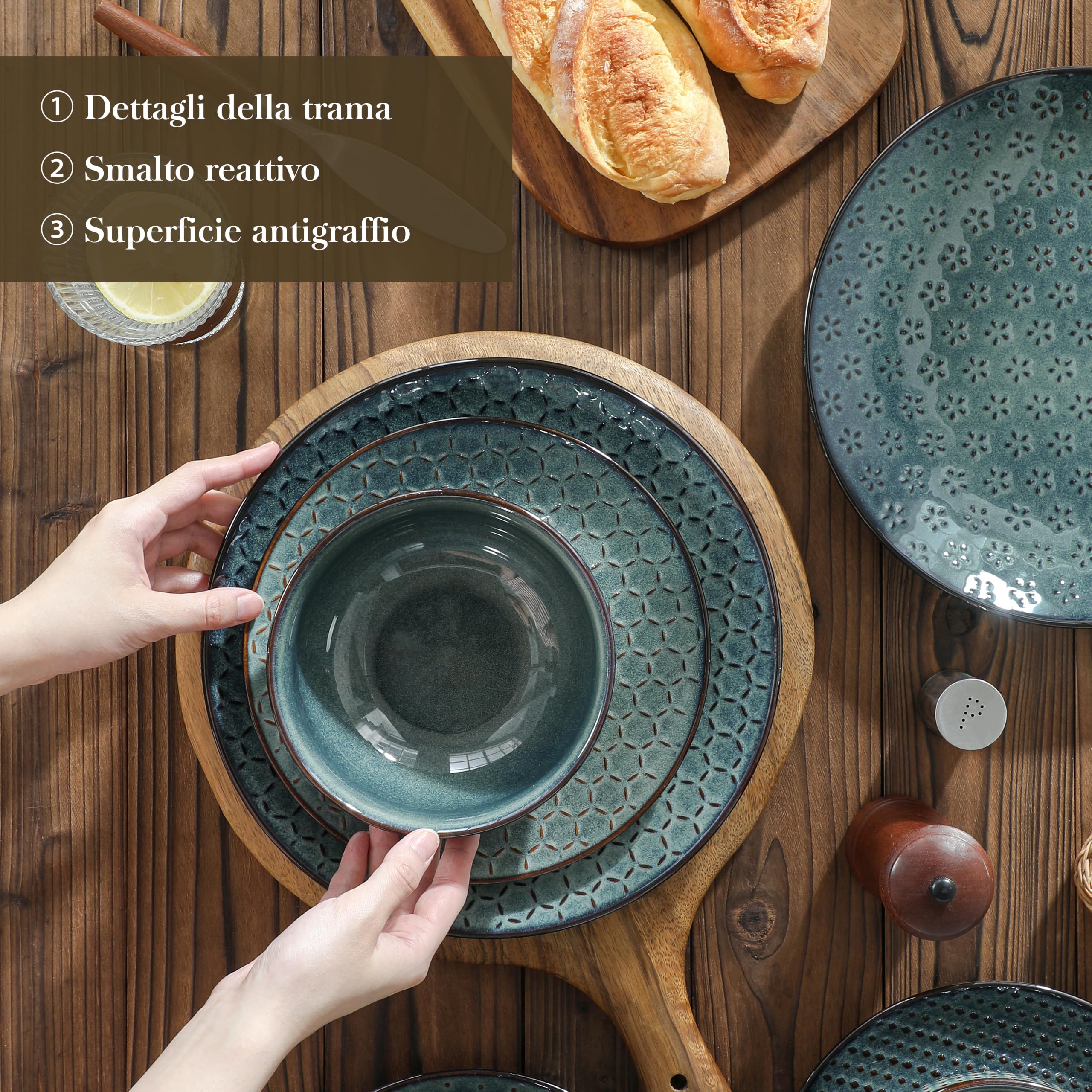 MALACASA Set di stoviglie da 12 pezzi, moderni set di piatti e ciotole, set di piatti verdi per 4 persone, piatti piani da cucina, set di stoviglie in ceramica per forno a microonde e lavastoviglie