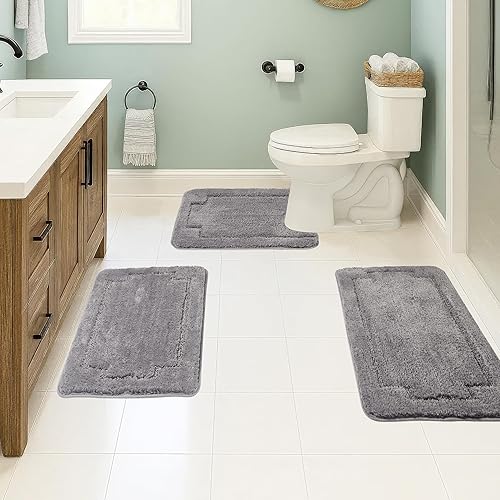 Miniatura 10 de Juego de 3 alfombras de baño suaves y absorbentes, peludas, suaves, antideslizantes, para ducha, bañera, lavable a máquina