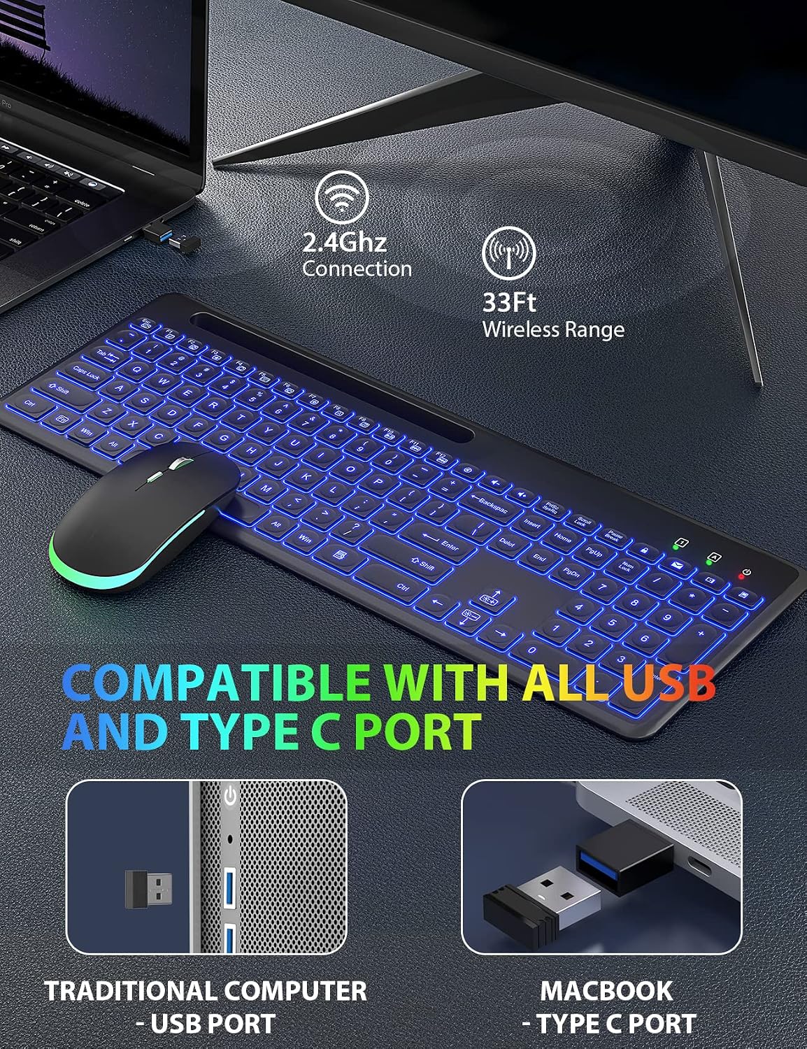 Wireless Keyboard and Mouse, 7 Backlit Effects, Phone Holder, Quiet Light Up Keys, Sleep Mode - Slim Rechargeable Cordless Combo with Type C Adapter for Mac, PC, Laptop - by SABLUTE, Black