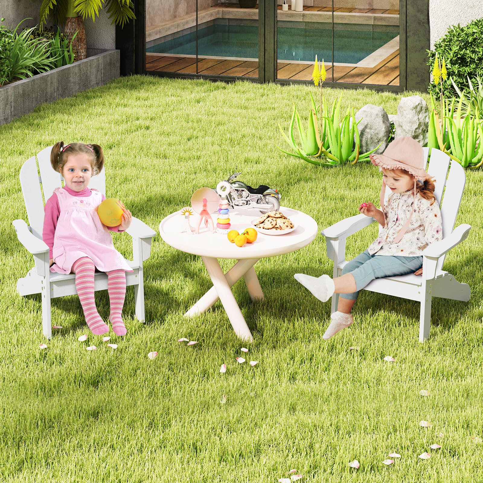 RELAX4LIFE Sedia Adirondack per Bambini con Schienale Alto e Braccioli per Interno ed Esterno, Sedia da Patio in HDPE Resistente per Bambini da 3 a 8 Anni per Giardino, Prato, Cortile (Bianco)