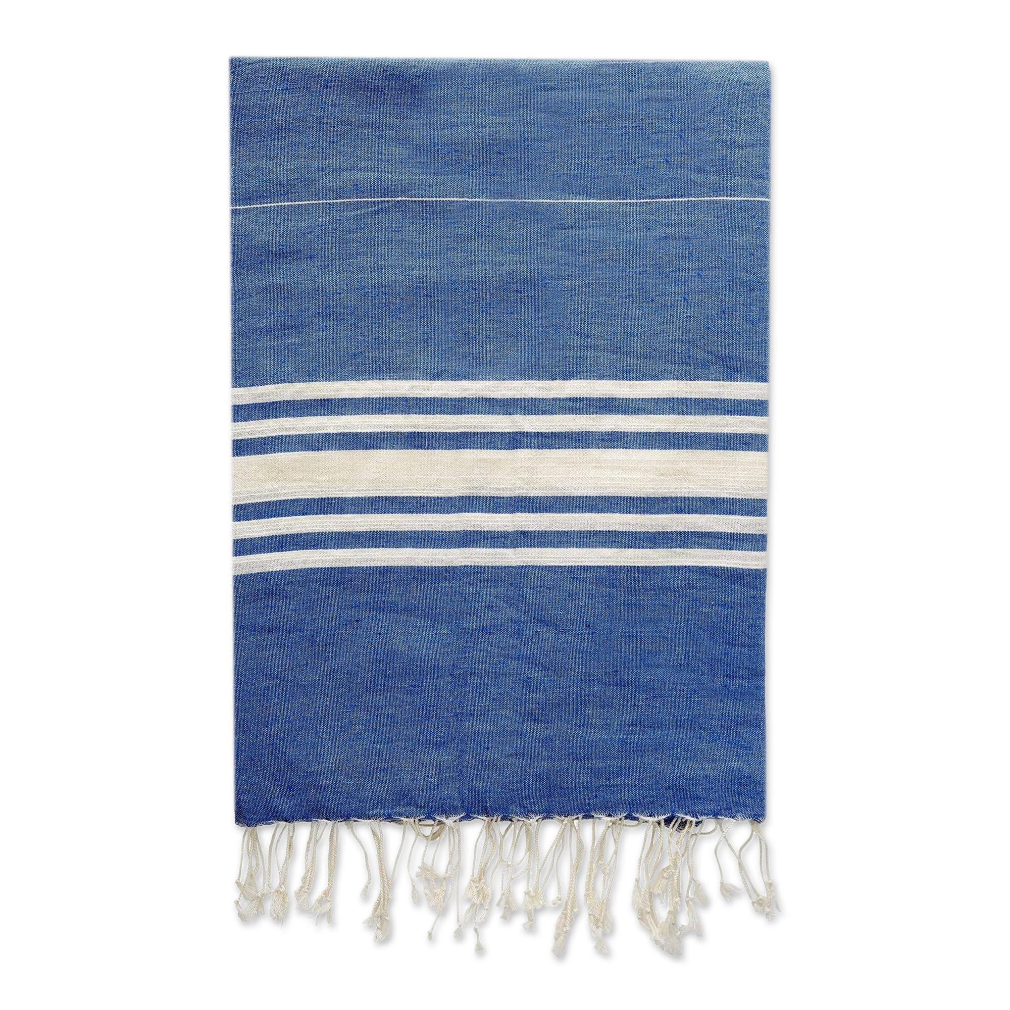 NOVICA Artisan Handmade Cotton Bath Towel 100 Turkish Blue Turkiye Decor Accessories Bathroom Vanity Beach Cottage Modern [66in L x 39in W] 'Peshtemal