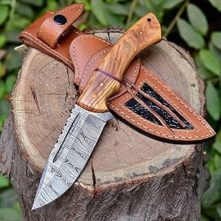 Handmade Damascus Steel Hunting Fixed Blade Knife With Leather Sheath, Olive Wood Handle - 9.75" Length Full Tang Multipurpose Knife K-152 - BG Knives