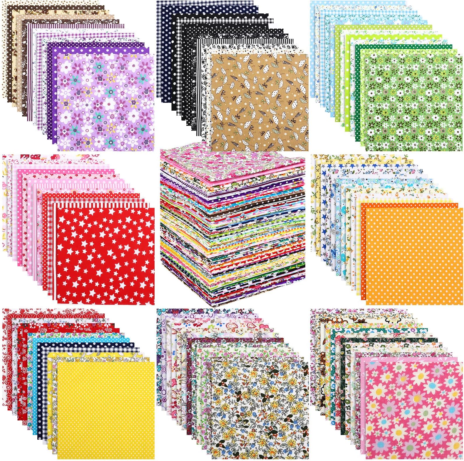 Moukeren 100 Pcs 10" x 10" Cotton Fabric Bundle Pre Cut Quilt Squares Multi Color Printed Floral Square Patchwork Fabric Floral Printed Sewing Supplies for Quilting Patchwork, DIY Craft, Scrapbooking