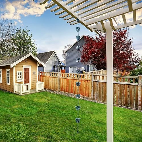 Miniatura 7 de Aseneat Cadena de lluvia para canaletas con adaptador, juego de cadenas de lluvia de hierro forjado de 8.5 pies, no se oxida, tiene que drenar con