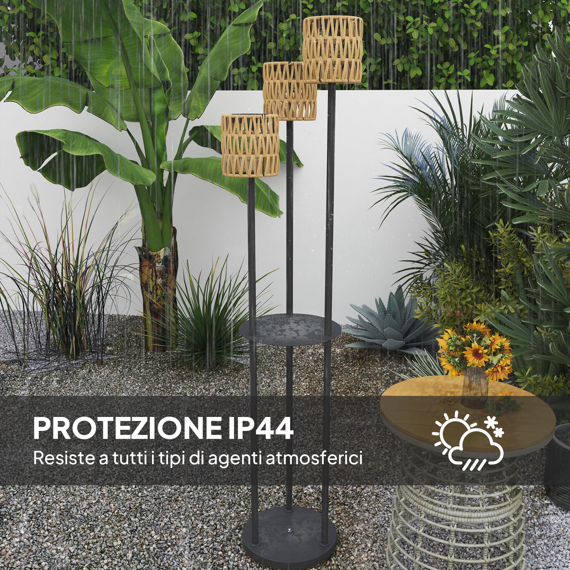 Outsunny Lampada da Terra Solare a 3 Luci Stile Boho con Base Rotonda e Ripiano Centrale, Lampada da Esterno Salotto in Rattan PE e Acciaio, IP44, per Camera da Letto Soggiorno, Nero e Giallo