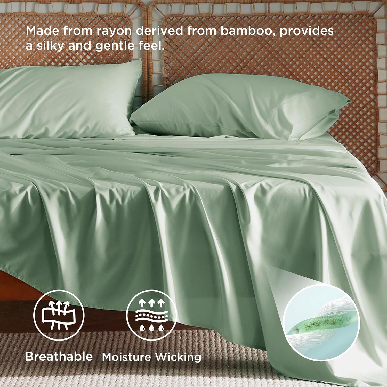 Bedsure Full Size Bed Sheets, Cooling Sheets, Rayon Derived from Bamboo, Breathable & Soft, Deep Pocket Up to 16 Inches, Hotel Luxury Silky Bedding for Hot Sleepers, Sage Green - Image 3