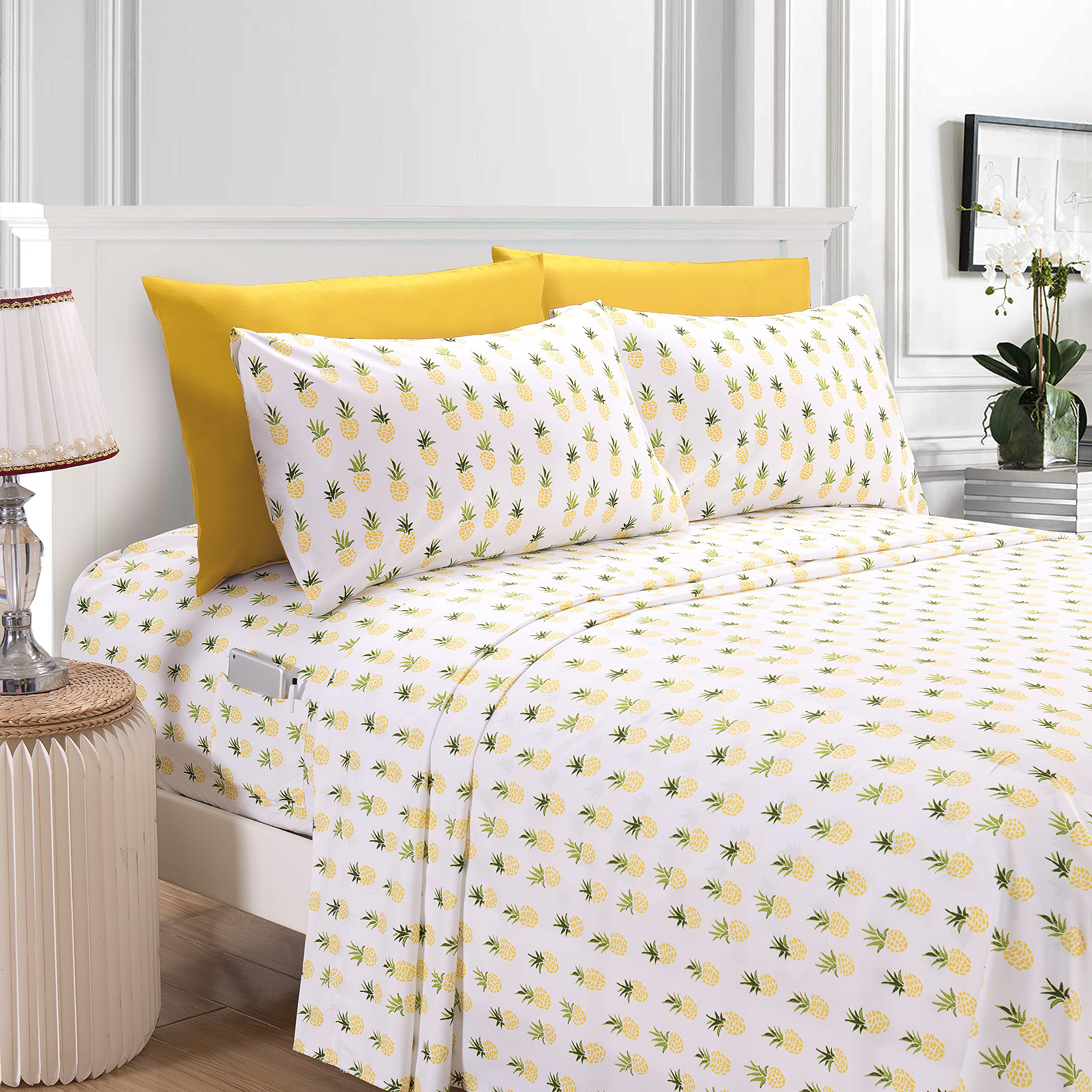 Elegant Comfort Ultra-Soft Double Brushed 6-Piece Microfiber Sheet Set Beautiful Tropical Patterns, and Vibrant Solid Colors, Luxury, All-Season Bed Sheet Set - Pineapple, Queen