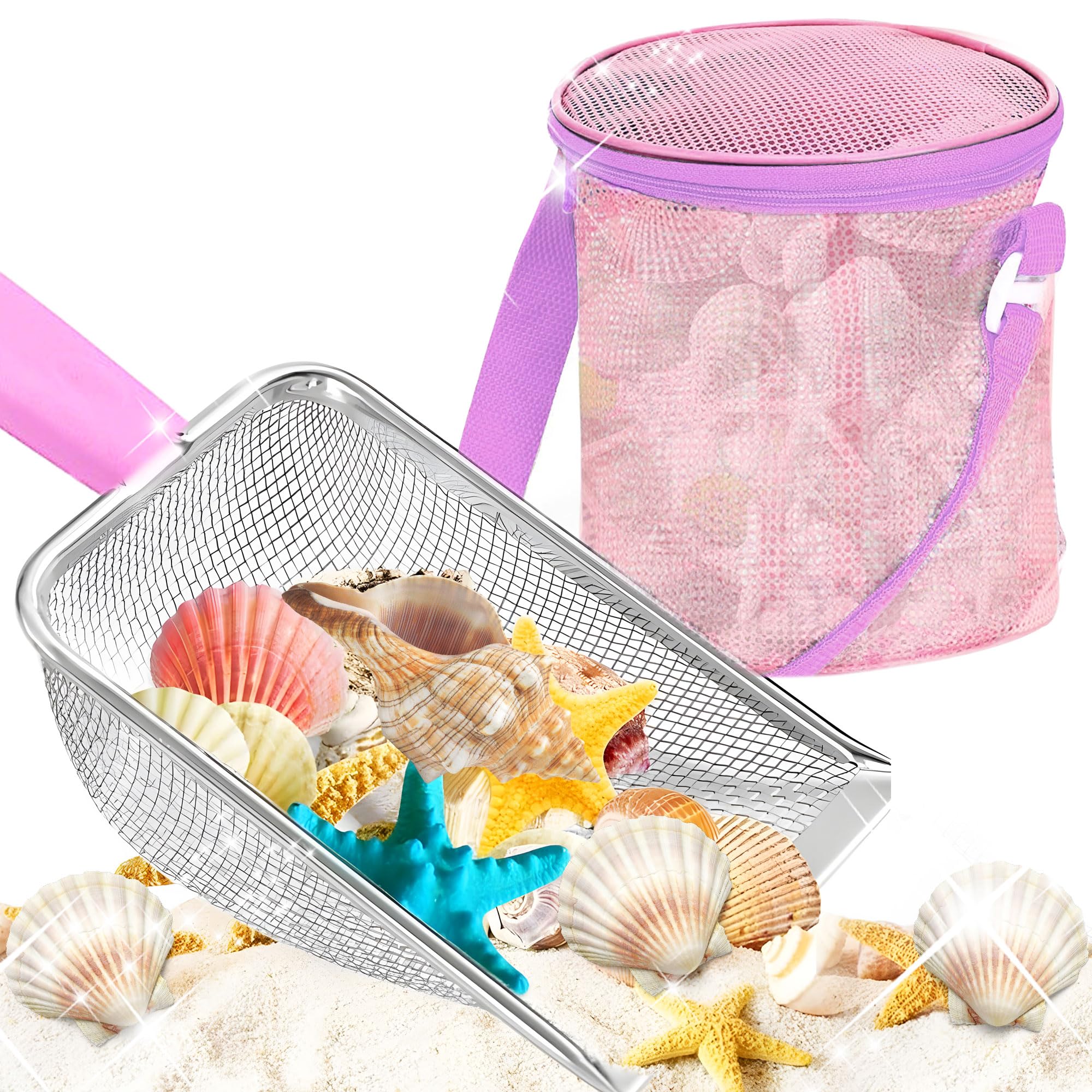 Pink Beach Mesh Shovel with Mesh Beach Bag for Shell Collecting Filter Sand Scooper for Picking Up Shells Beach
