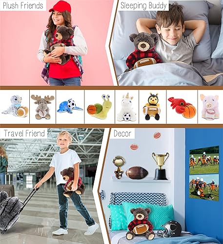 Miniatura 4 de DolliBu Peluche de oso marrón con felpa de fútbol  Oso súper suave para abrazar con capucha a cuadros rojos, juguete de peluche regalo de vida