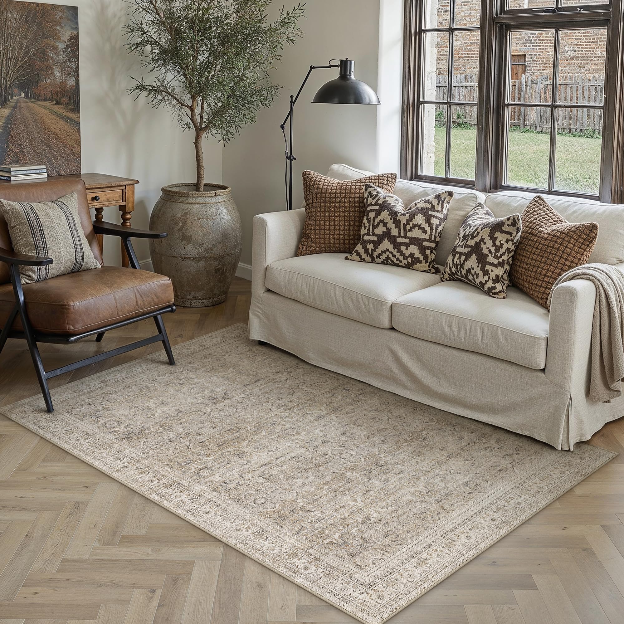 PureCozy Beige Washable Rugs Living Room 120x170cm Vintage Area Rugs