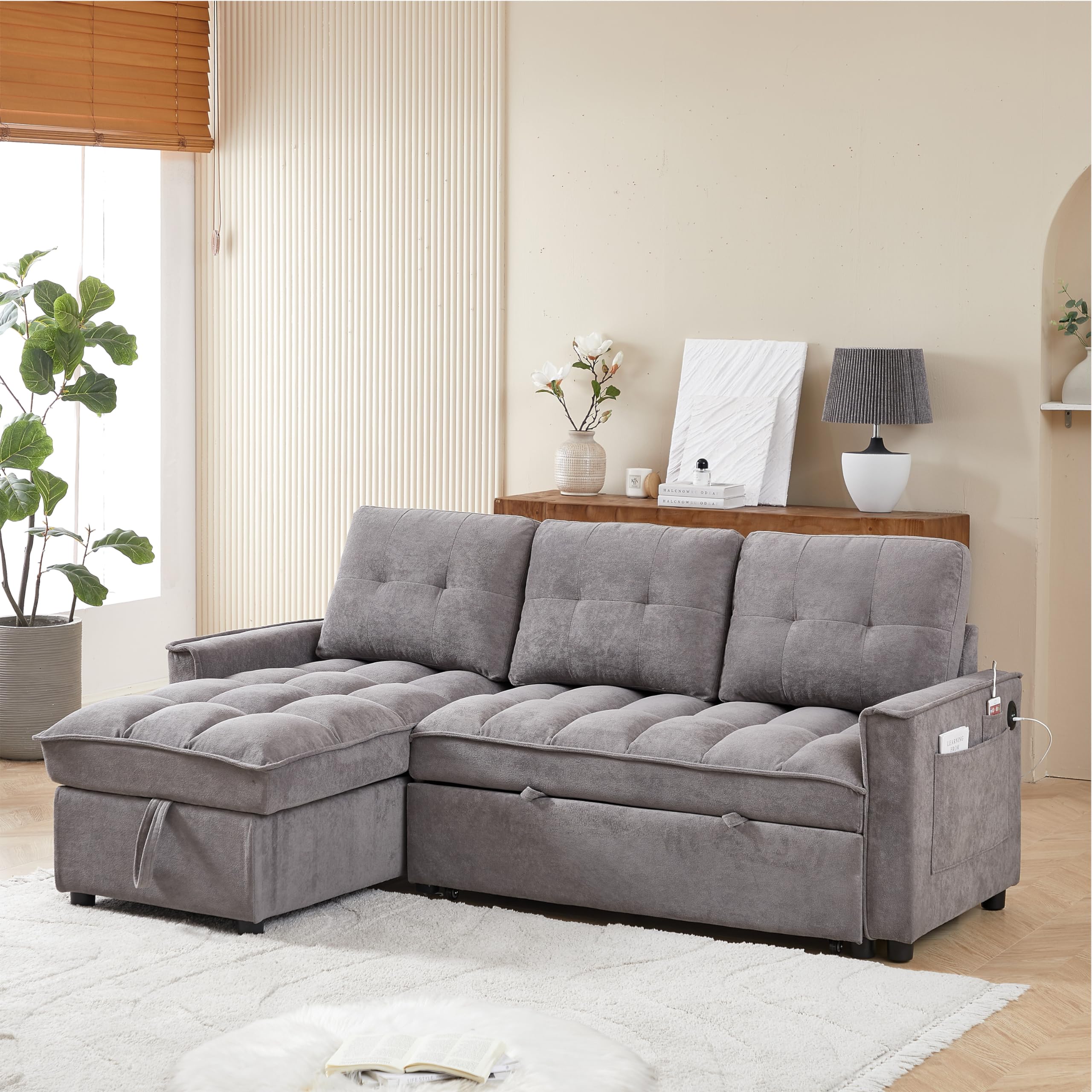 78"L-Shaped Sofa,Reversible Sleeper Sectional Sofa with Pull-Out Bed,Comfy Tufted Sectional Couch with Storage Chaise,USB Port&Side Pocket,Furniture Set for Living Room,SmallSpace (Drak Gray) Lounger ONLY