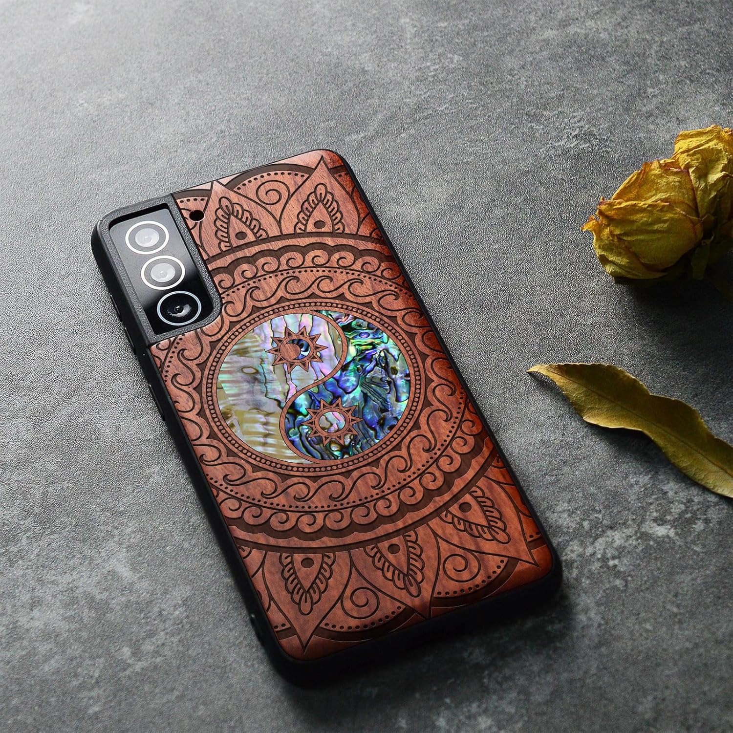 Carveit Designer Wooden Cover for Samsung Galaxy S22 Case [Wood Engraving & Shell Inlay] Compatible with Wireless Chargers Galaxy S22 (Yin Yang Paisley-Rosy)