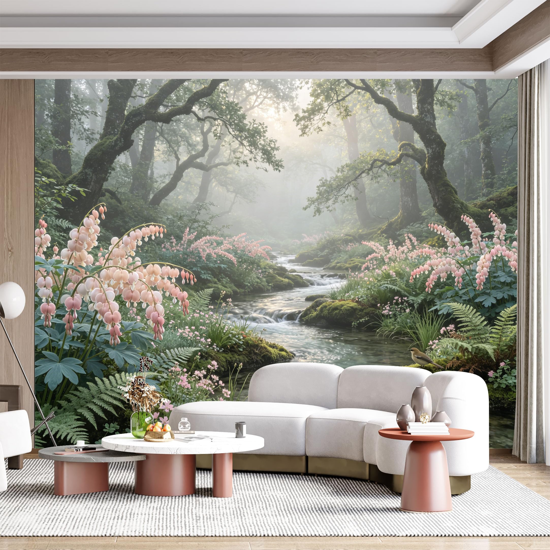 Custom Size Wall Mural Enchanted Forest Stream Waterfall Blooming Flowers Watercolor SelfAdhesive Wall Fabric Removable for Home Office Decor