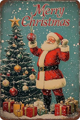 Letrero de metal con diseño de Papá Noel y árbol de Navidad, redondo, redondo, para el hogar, cocina, jardín, patio, decoración interior de la