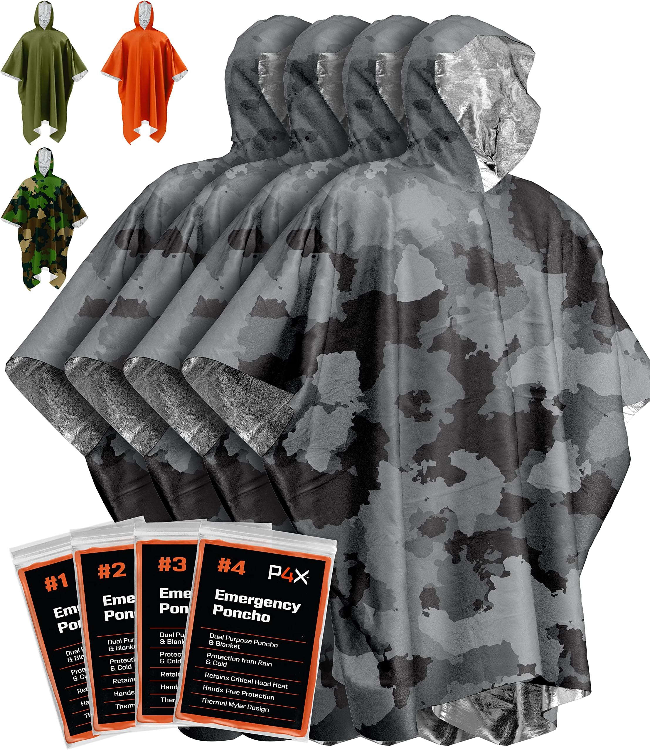 Emergency Blankets & Rain Poncho Hybrid Survival Gear and Equipment –Tough, Waterproof Camping Gear Outdoor Blanket – Retains 90% of Heat + Reflective Side for Increased Visibility – 4 Pack (Camo)