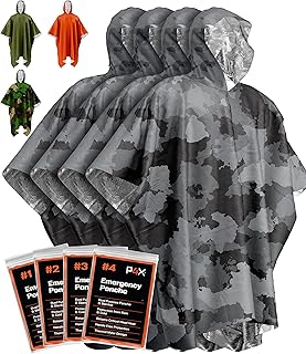 PREPARED4X Notfalldecken & Regenponcho Hybrid Survival Gear and Equipment,Robuste,speichert 90% der Wärme + reflektierende Seite für erhöhte Sichtbarkeit,4er Pack (Camo)