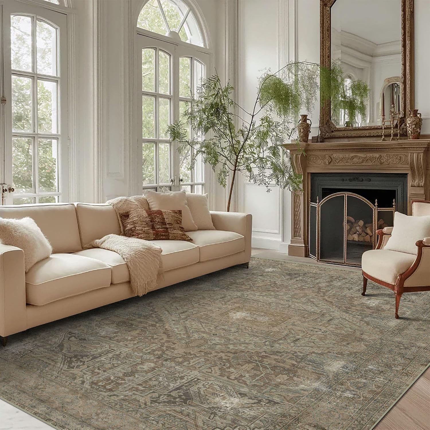 vivorug 8x10 Area Rugs for Living Room, Non-Slip Backing Washable Rug 8x10, Large Area Rug Soft Carpet for Bedroom Dining Room, Vintage, Easy Clean, Durable, Low Pile Rug Under Table, Olive Vintage | Olive 8' x 10' (Rectangular)