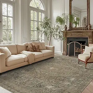 vivorug 9x12 Area Rugs for Living Room, Non Slip Machine Washable Vintage Rug, Ultra-Thin Lightweight Large Area Rug for Bedroom, Dining Room, Low Pile Rug Olive