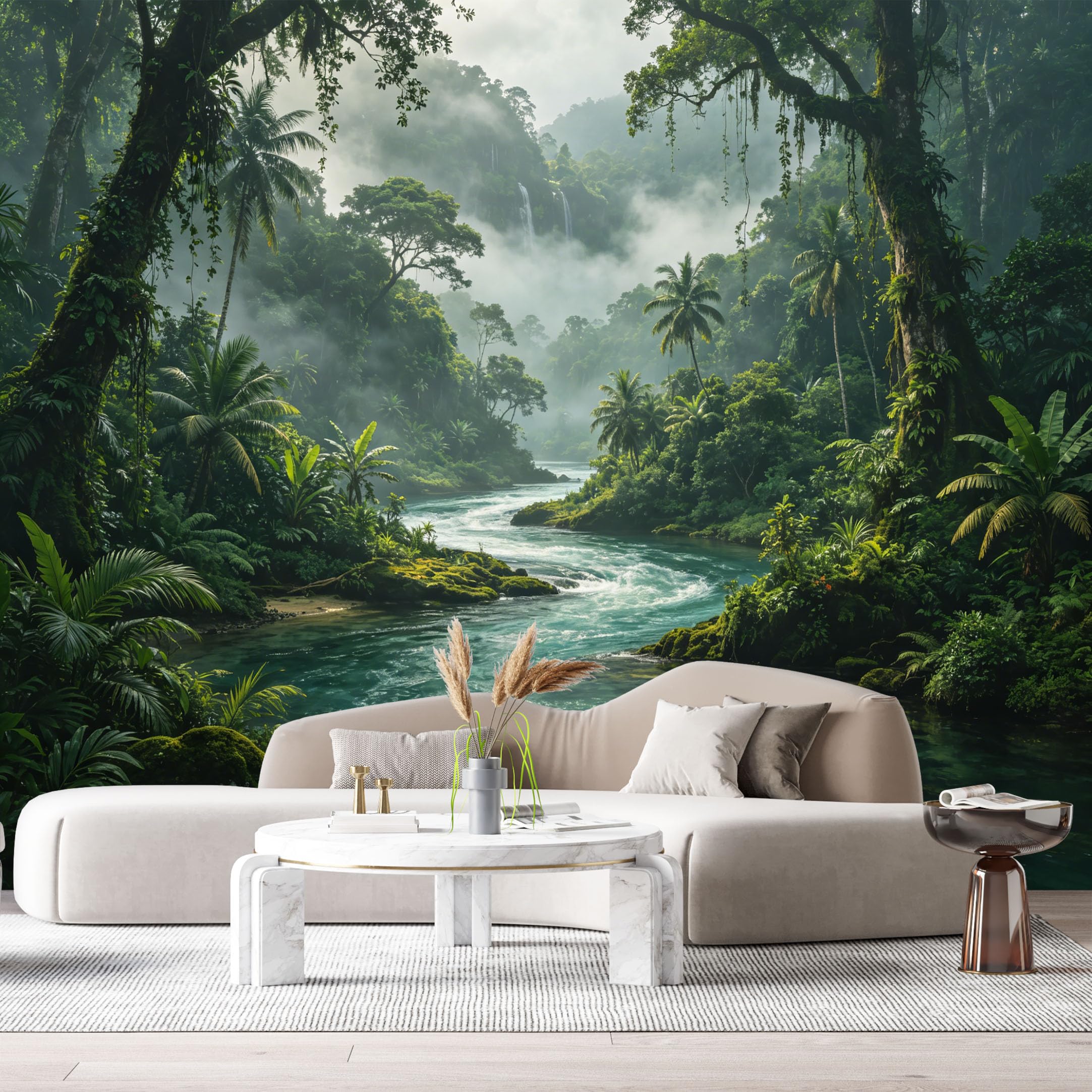 Custom Size Wall Murals Tropical Jungle River Waterfall Misty Rainforest Botanical Landscape SelfAdhesive Wall Fabric Removable Large Wallpaper for Photo Living Room