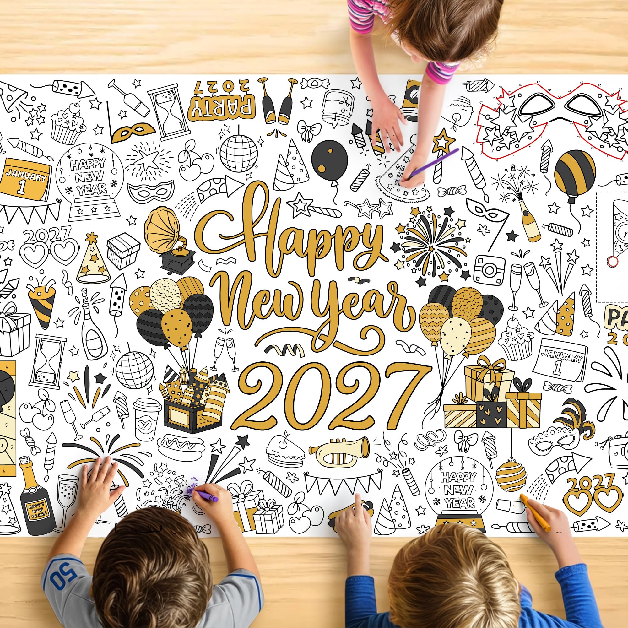 Happy New Year 2027 Coloring Tablecloth, Giant 30x72 Inches Activity Tablecloth with Fireworks and Countdown Designs, Perfect for New Year Party Activities, Party Decoration