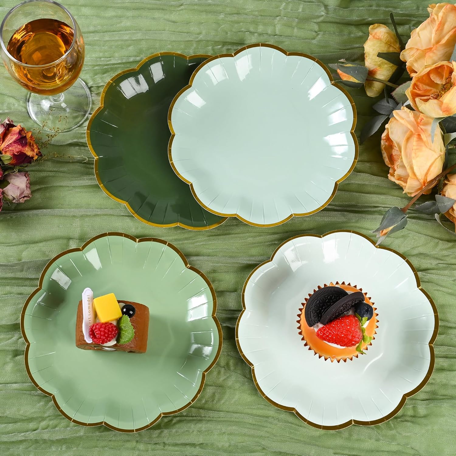 Sage Green Party Plates Gradient Green Dessert Paper Plates 7inch Gold Foil Scalloped Edge Disposable Cake Plates for Birthday Bridal Baby Shower Wedding Party Supplies (24) - Image 5