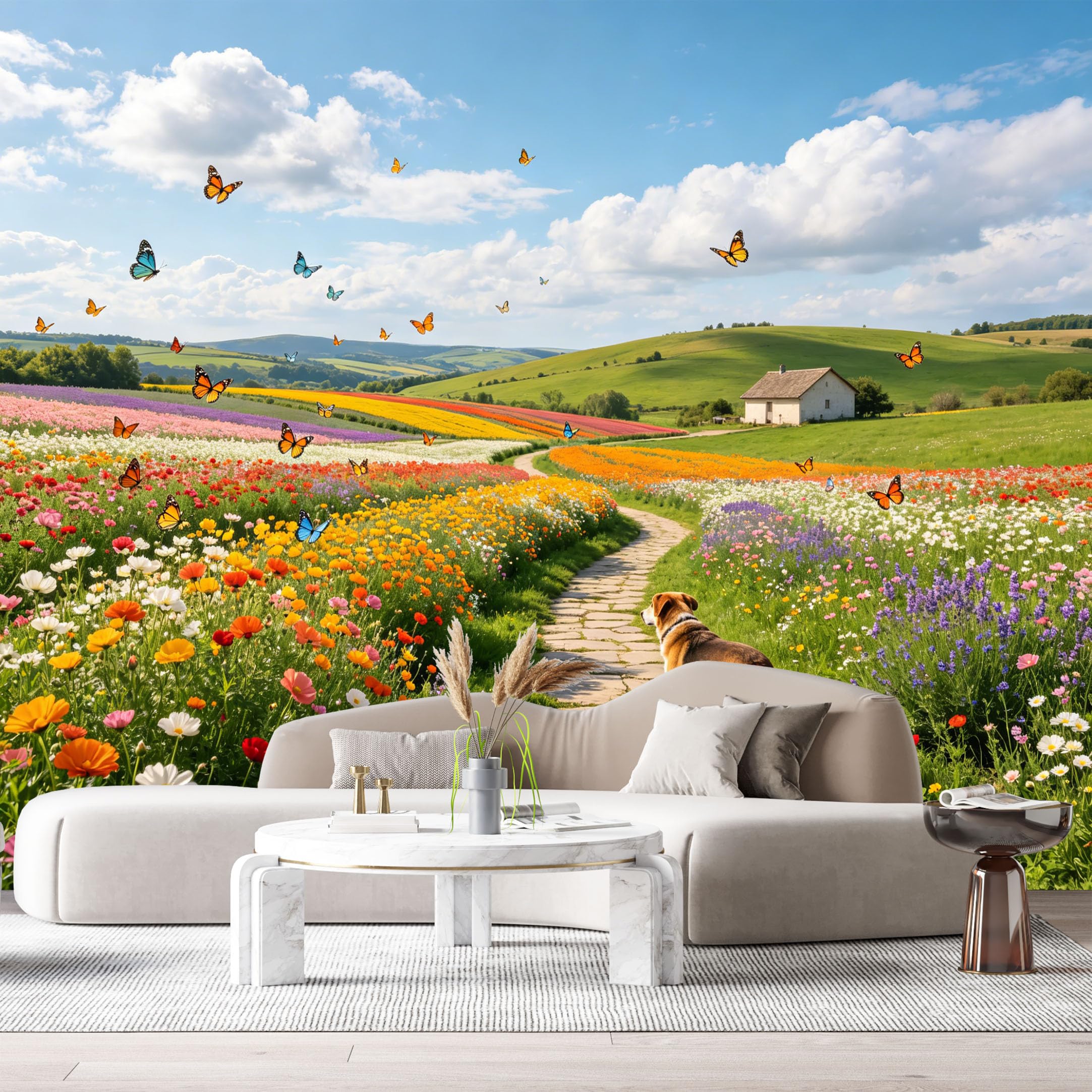 Custom Size Wall Murals Colorful Botanical Landscape Farmhouse Field Path Dog Flying Butterflies SelfAdhesive Wall Fabric Removable Large Wallpaper for Photo Living Room