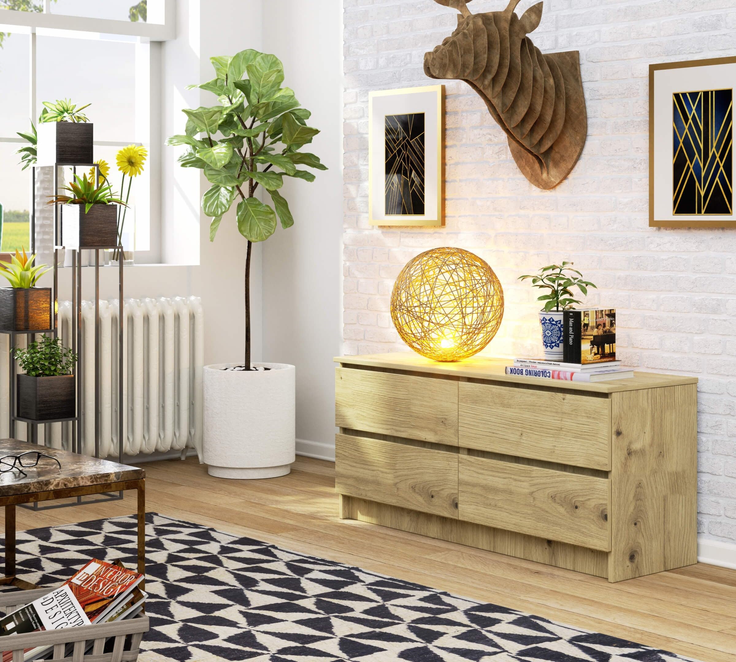 AKORD Cassettiera K-120 con 4 Cassetti | Moderna Mobiletto per Soggiorno Sala da Pranzo Camera da Letto Corridoio Bagno | Armadio Cameretta | 120x55x40 cm |Handgemaakt Eiken