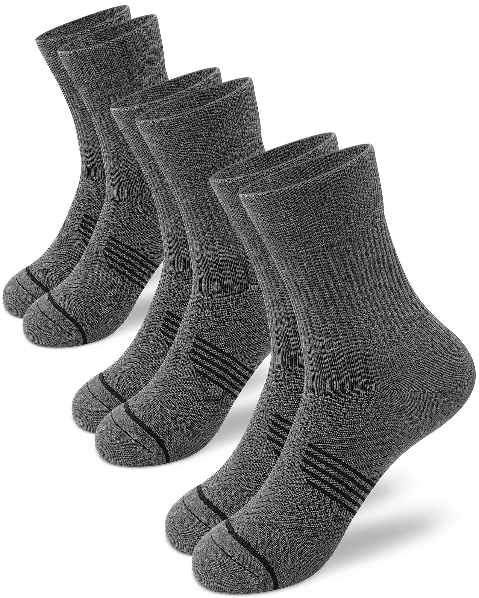 PAPLUS Compression Running Sock for Men and Women 3 Pairs, Cushioned Athletic Crew Socks with Arch Support, Grey (3 Pairs), Large