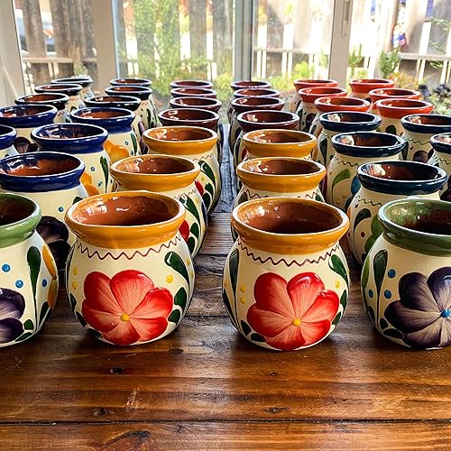 Jarritos - Juego de 2 tazas de cerámica de arcilla mexicana tradicional mexicana con flores pintadas a mano - Tazas de café mexicanas florales