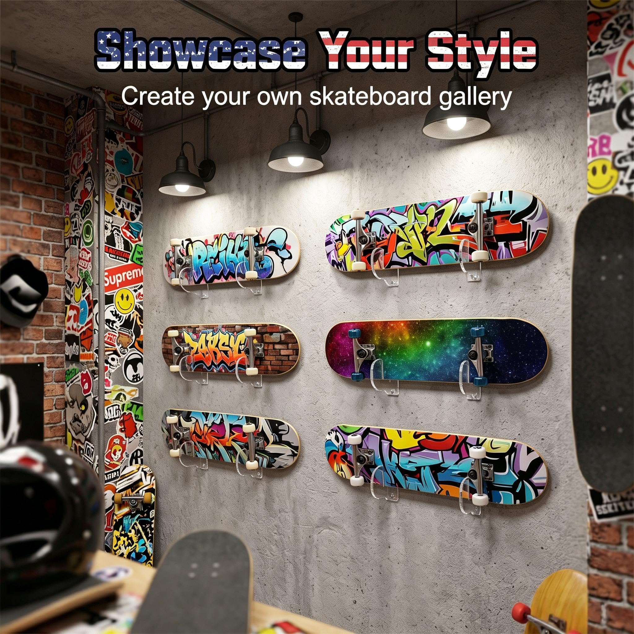 BiJun Skateboard- und Snowboard-Wandhalterung - Acryl, Horizontale Halterung, Aufbewahrung, Aufhänger (Transparent, 4 Stück)