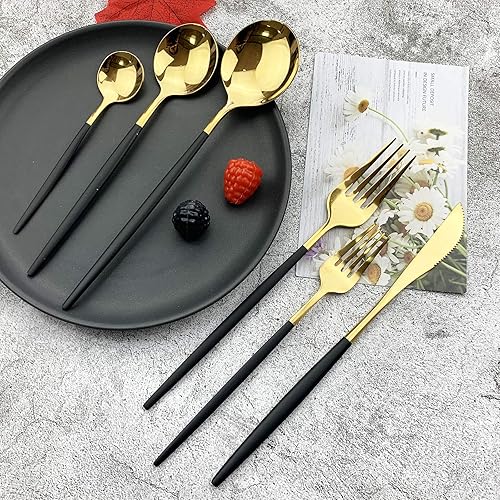Miniatura 6 de JASHII Juego de cubiertos de plata 18/10 de acero inoxidable, juego de cubiertos dorados | 24 piezas modernos Cubiertos Dorados | El mejor regalo de