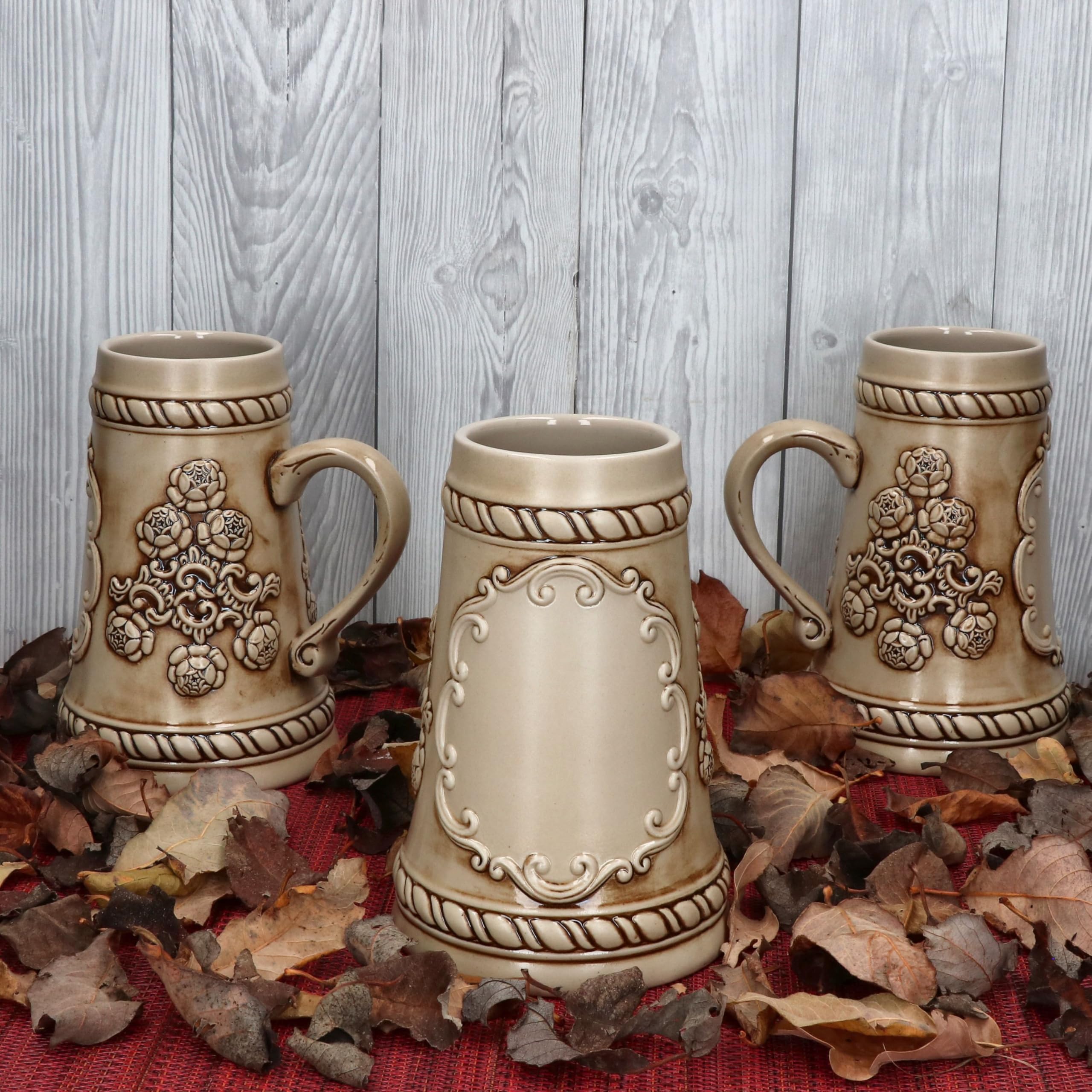 MamboCat Lot de 6 chopes à bière conique en céramique avec anse - 0,5 l - Beige/marron - Avec relief et plaque pour 6 personnes - Chope à bière au look vintage - Pour barbecue, fête de club